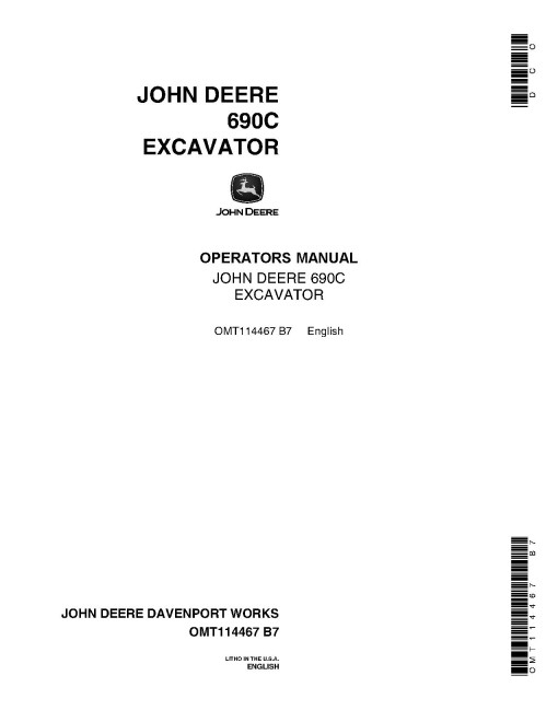 John Deere 690C Crawler Excavators Operators Manual (OMT114467)