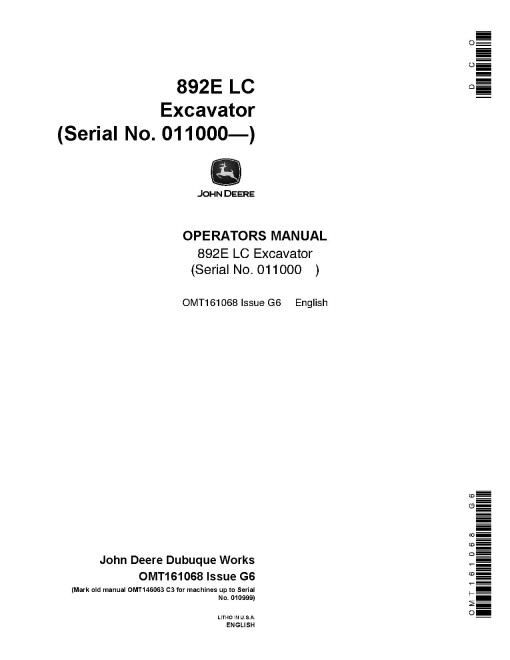 John Deere 892ELC Crawler Excavators (SN: from 011000) Operators Manual (OMT161068)