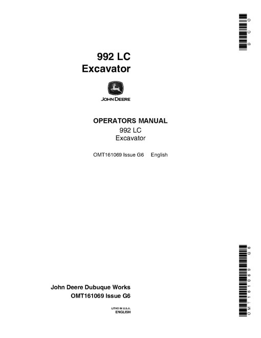 John Deere 992ELC Crawler Excavators Operators Manual (OMT161069)