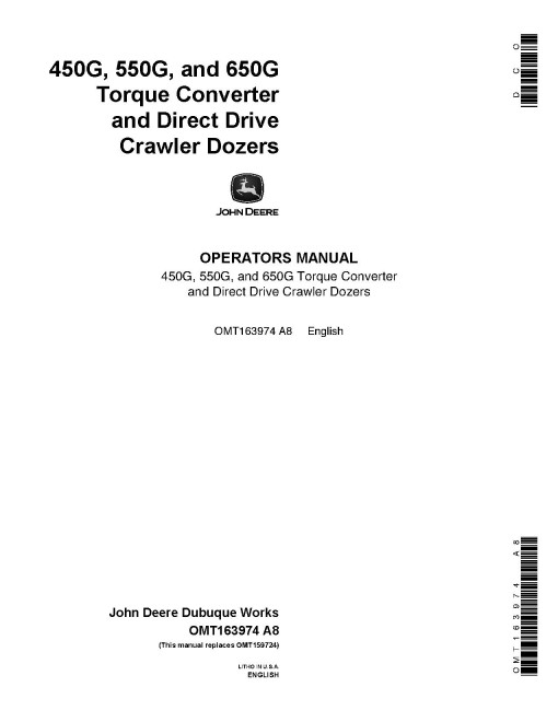 John Deere 450G, 550G and 650G Crawler Dozers Operators Manual (OMT163974)
