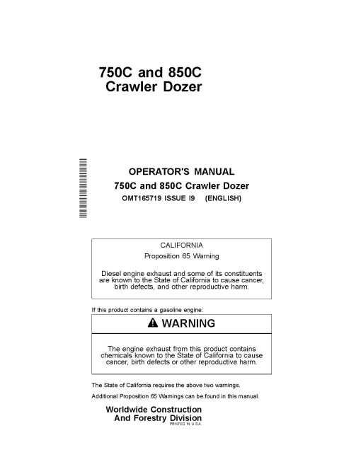 John Deere 750C and 850C Crawler Dozers Operators Manual (OMT165719)