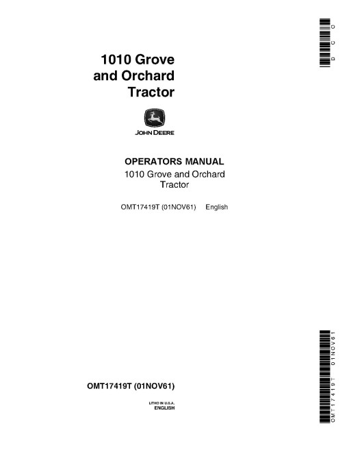 John Deere 1010 O Grove and Orchand Tractors (SN: up to 031000) (North America) Operators Manual (OMT17419T)