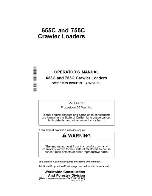 John Deere 655C and 755C Crawler Loaders Operators Manual (OMT181139)