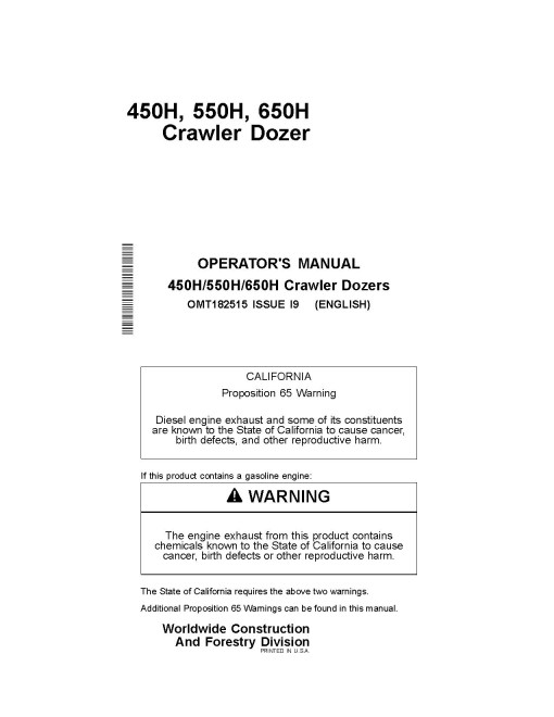 John Deere 450H, 550H and 650H Crawler Dozers Operators Manual (OMT182515)