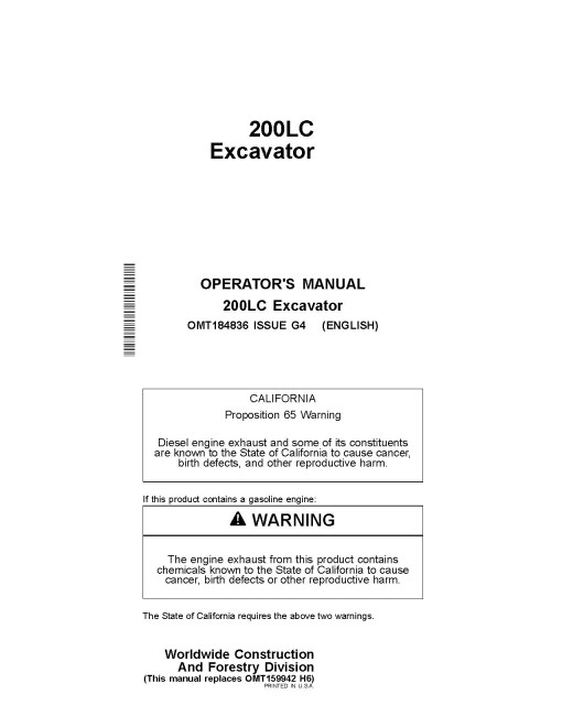 John Deere 200LC Crawler Excavators Operators Manual (OMT184836)
