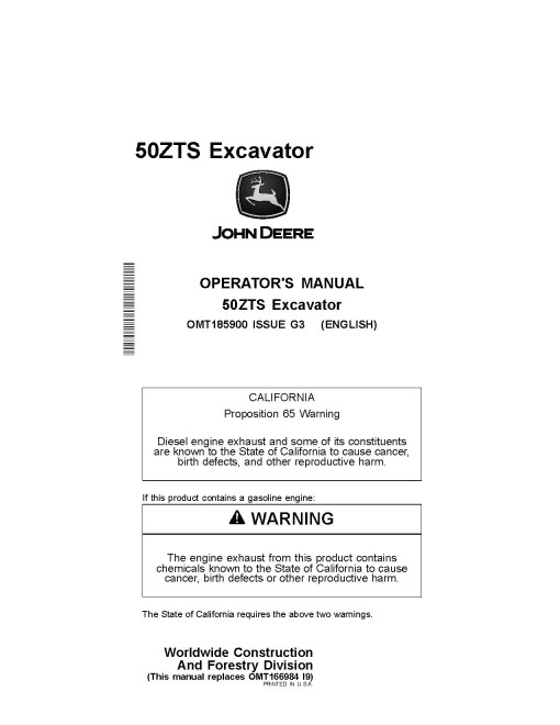 John Deere 50 ZTS Compact Excavators Operators Manual (OMT185900)