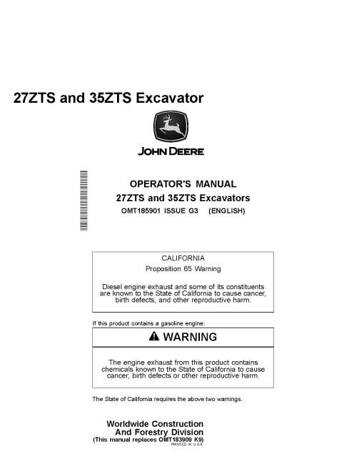 John Deere 27 ZTS and 35 ZTS Compact Excavators Operators Manual (OMT185901)