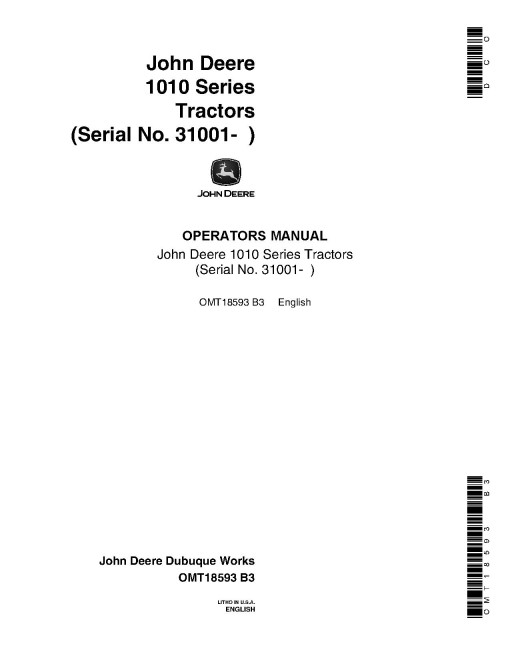 John Deere 1010 O, 1010 R, 1010 RS, 1010 RU, 1010 RUS, 1010 U Tractors (SN:031001-042000), North America, Operators Manual (OMT18593)
