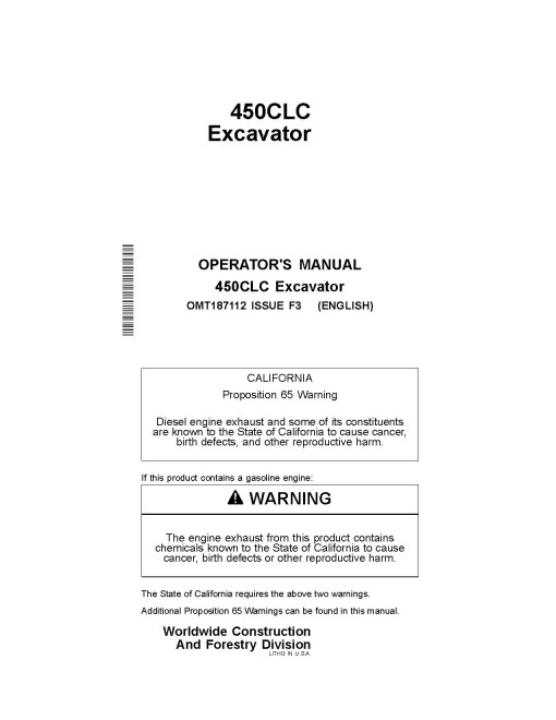 John Deere 450CLC Crawler Excavators Operators Manual (OMT187112)