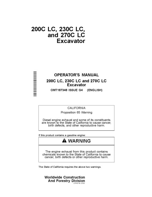 John Deere 200CLC, 230CLC and 270CLC Crawler Excavators Operators Manual (OMT187348)