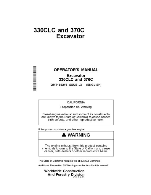 John Deere 330CLC and 370C Crawler Excavators Operators Manual (OMT188215)
