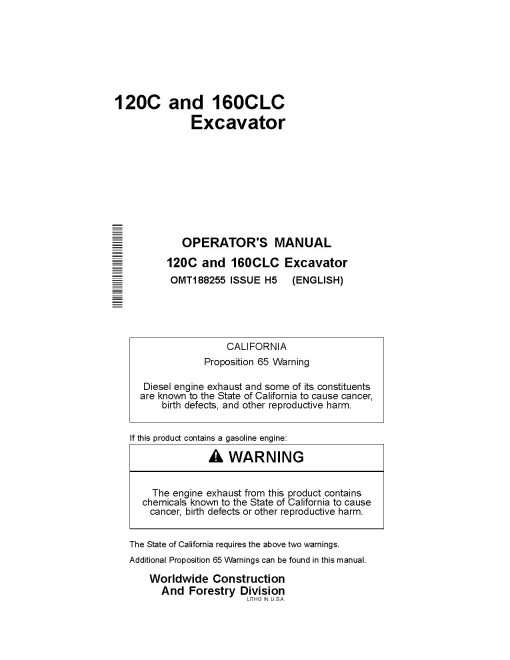 John Deere 120C and 160CLC Crawler Excavators Operators Manual (OMT188255)