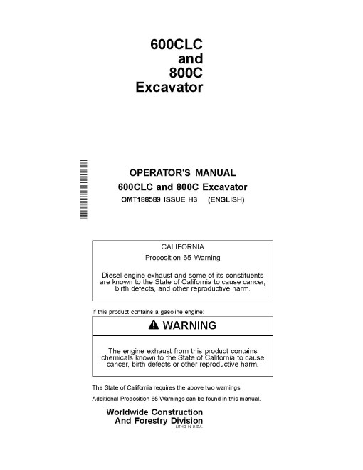 John Deere 600CLC and 800C Crawler Excavators Operators Manual (OMT188589)