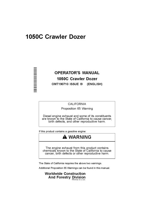John Deere 1050C Crawler Dozers Operators Manual (OMT190710)