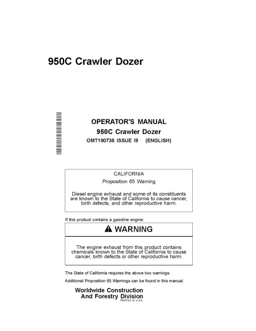 John Deere 950C Crawler Dozers Operators Manual (OMT190736)