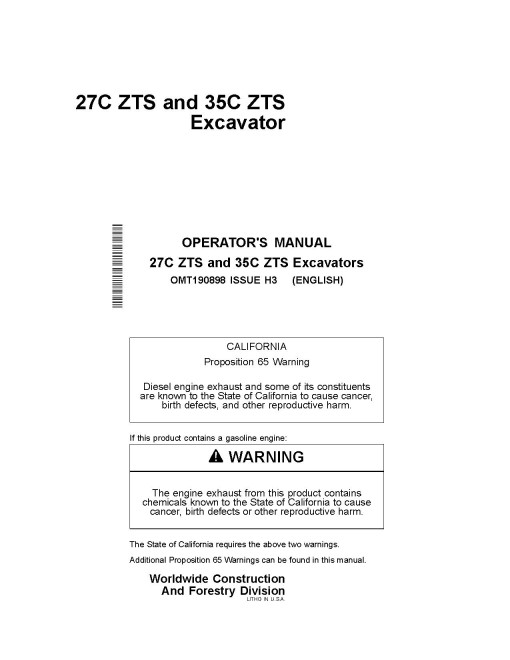 John Deere 27C ZTS and 35C ZTS Compact Excavators Operators Manual (OMT190898)