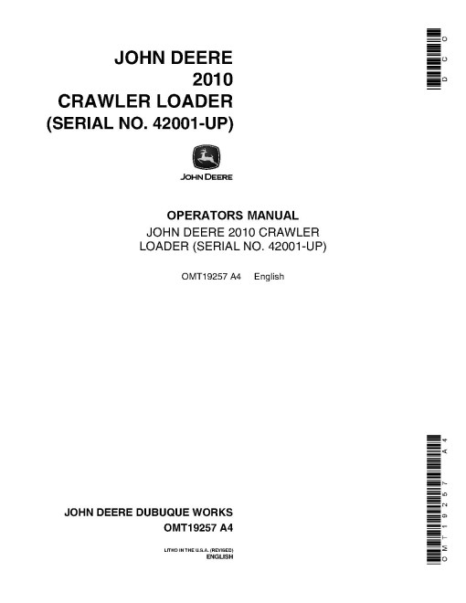 John Deere 2010 Crawler Loaders (SN: from 42001) Operators Manual (OMT19257)
