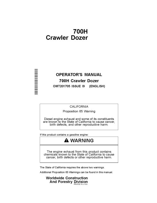 John Deere 700H Crawler Dozers Operators Manual (OMT201705)