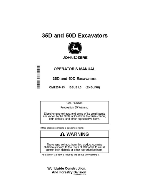 John Deere 35D and 50D Compact Excavators Operators Manual (OMT209413)