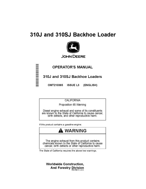 John Deere 310J and 310SJ Backhoe Loaders Operators Manual (OMT210365)