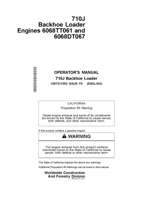 John Deere 710J Backhoe Loaders with 6068TT061 and 6068DT067 Engines Operators Manual (OMT211052)