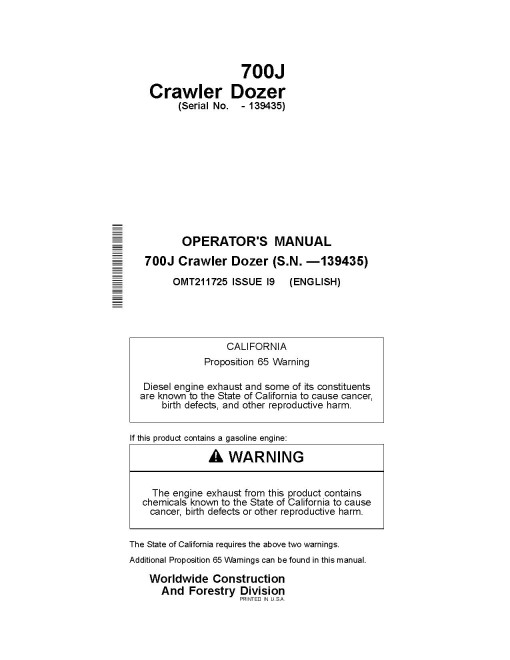 John Deere 700J Crawler Dozers (SN: up to 139435) Operators Manual (OMT211725)