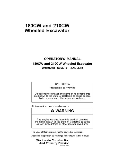 John Deere 180CW and 210CW Wheeled Excavators Operators Manual (OMT213055)