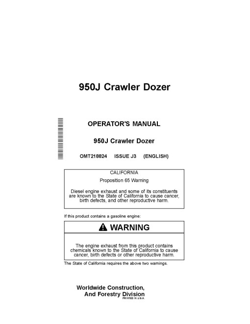 John Deere 950J Crawler Dozers Operators Manual (OMT218824)