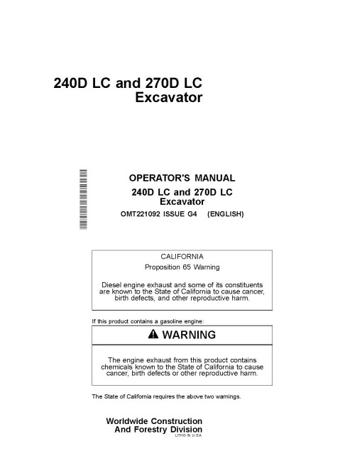 John Deere 240DLC and 270DLC Crawler Excavators Operators Manual (OMT221092)