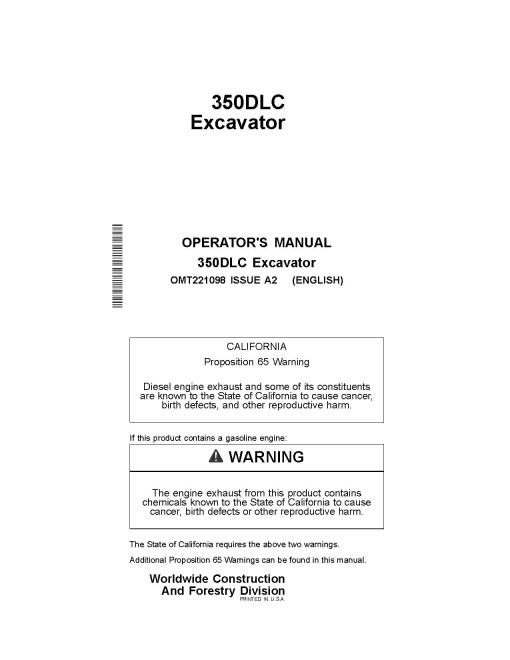 John Deere 350DLC Crawler Excavators Operators Manual (OMT221098)
