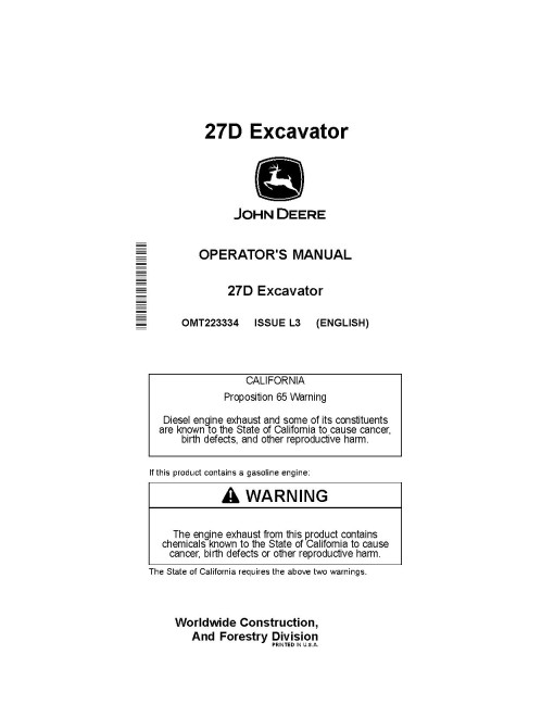 John Deere 27D Compact Excavators Operators Manual (OMT223334)