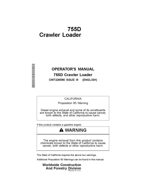 John Deere 755D Crawler Loaders Operators Manual (OMT226586)