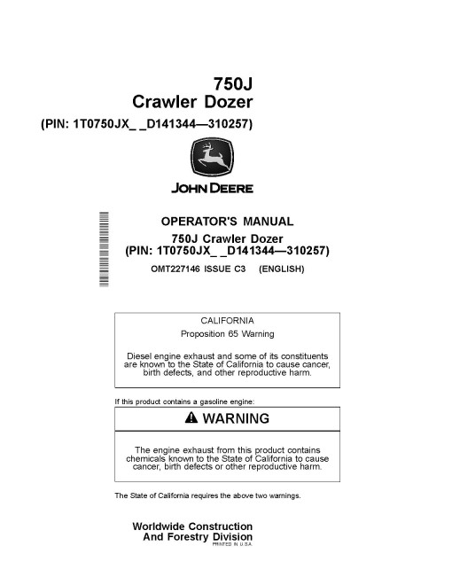 John Deere 750J Crawler Dozers (SN: D141344 - 310257) Operators Manual (OMT227146)