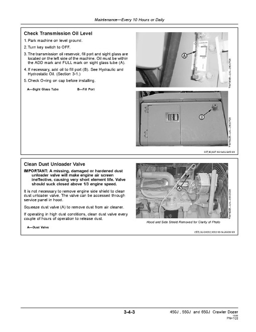 John Deere 450J (SN: 159987 - 216242), 550J and 650J (SN. from 159987) Crawler Dozers Operators Manual (OMT227285)