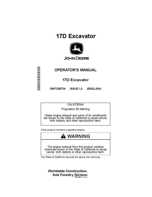 John Deere 17D Compact Excavators Operators Manual (OMT228734)