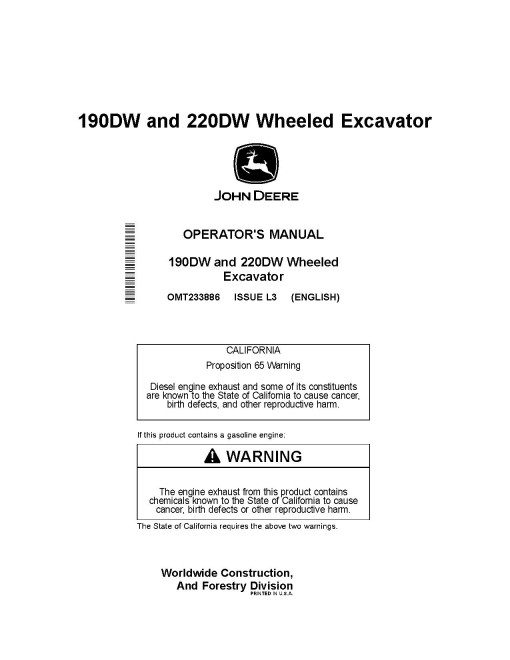 John Deere 190DW and 220DW Wheeled Excavators Operators Manual (OMT233886)