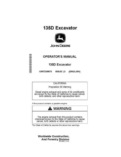 John Deere 135D Crawler Excavators Operators Manual (OMT239673)