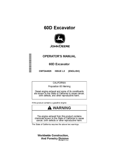 John Deere 60D Compact Excavators Operators Manual (OMT244925)