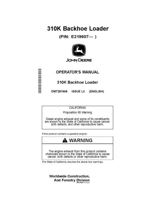 John Deere 310K (PIN from 1T0310KX_ _E 219607) Backhoe Loaders Operators Manual (OMT281948)