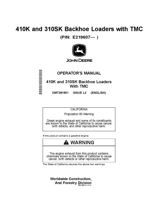 John Deere 310SK and 410K (SN from E 219607) iT4/S3B, with TMC, Backhoe Loaders Operators Manual (OMT281951)