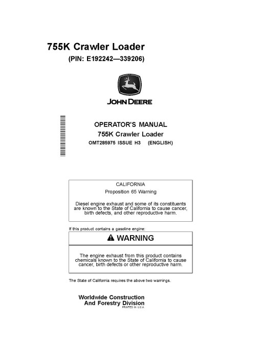 John Deere 755K Crawler Loaders (SN: E192242 - 339206) Operators Manual (OMT285975)