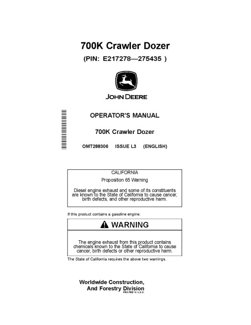 John Deere 700K Crawler Dozers (SN: E217278 - 275435) Operators Manual (OMT288306)