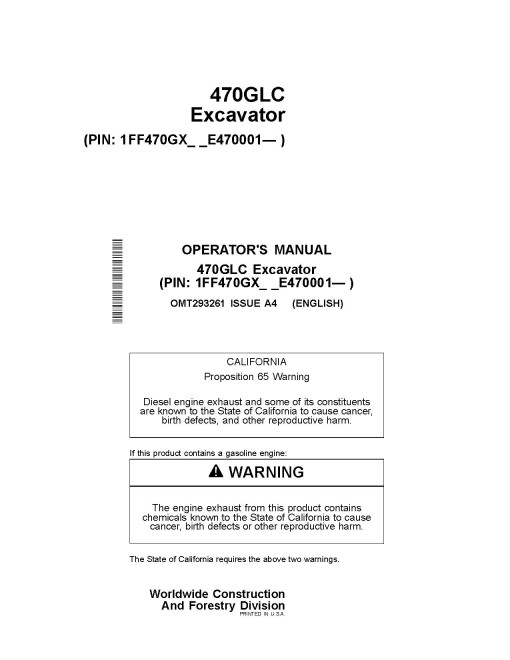 John Deere 470GLC Crawler Excavators (SN. from E470001) Operators Manual (OMT293261)