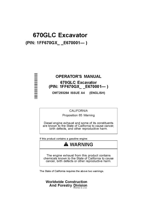 John Deere 670GLC Crawler Excavators (SN. from E670001) Operators Manual (OMT293264)