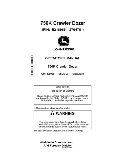 John Deere 750K Crawler Dozers (SN: E216966 - 270478) Operators Manual (OMT298956)