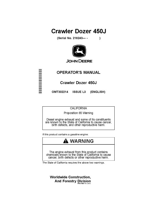 John Deere 450J Crawler Dozers (SN: from 216243) Operators Manual (OMT302214)