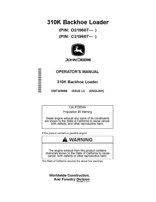 John Deere 310K (SN from C219607, D219607) Backhoe Loaders Operators Manual (OMT305688)