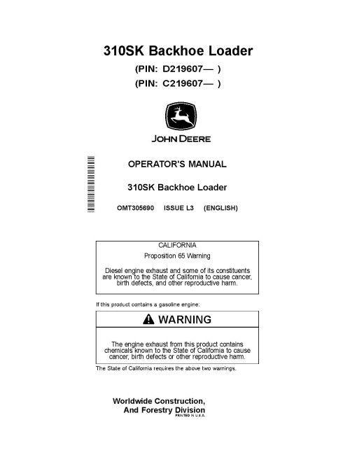 John Deere 310SK (SN from C219607, D219607) Backhoe Loaders Operators Manual (OMT305690)