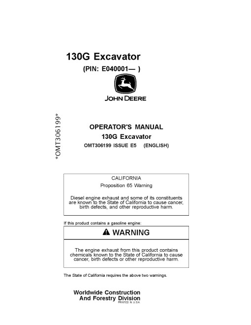 John Deere 130G Crawler Excavators (PIN: from 1FF130GX_ _E040001) Operators Manual (OMT306199)