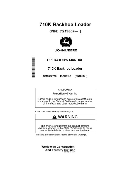 John Deere 710K (SN from D219607) Backhoe Loaders Operators Manual (OMT307770)